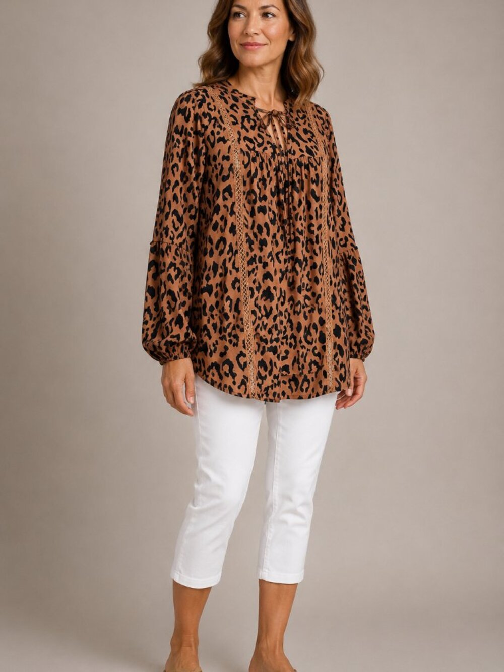 SHEIN Curve Leopard Print Tie Neck Blouse 1XL Lace Trim Balloon Sleeve